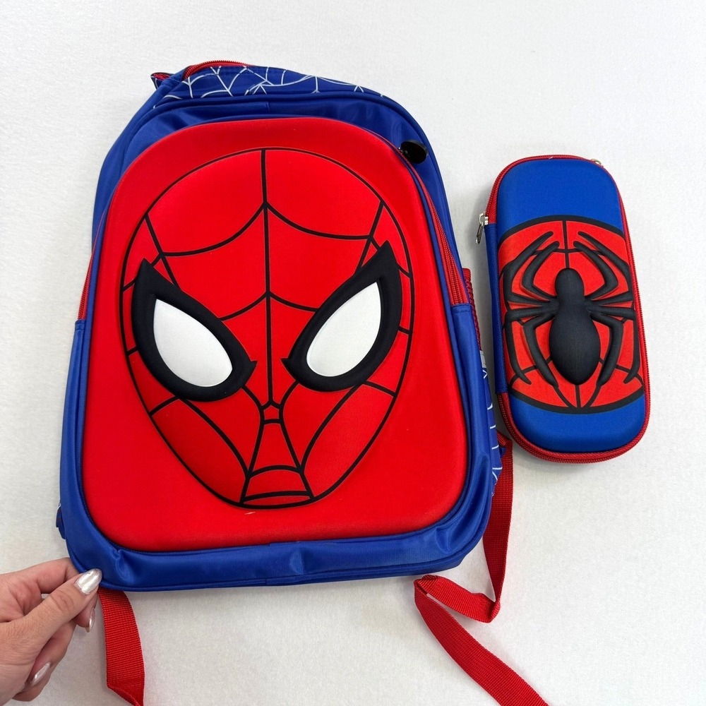 Marvel Spiderman Kids Backpack and Pencil Case Set 3D Molded Red Blue School Bag